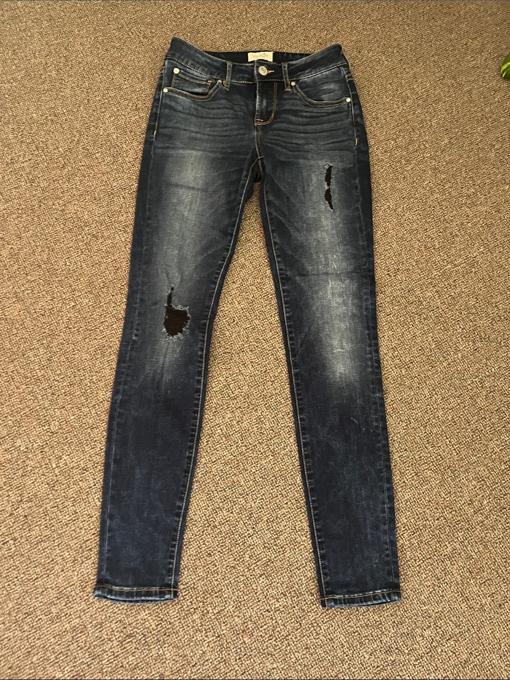 Distressed Low Rise Skinny Jeans in Dark Blue